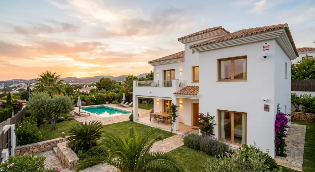 chalet mediterráneo con jardín piscina y sistema de alarma sin cuotas en la fachada