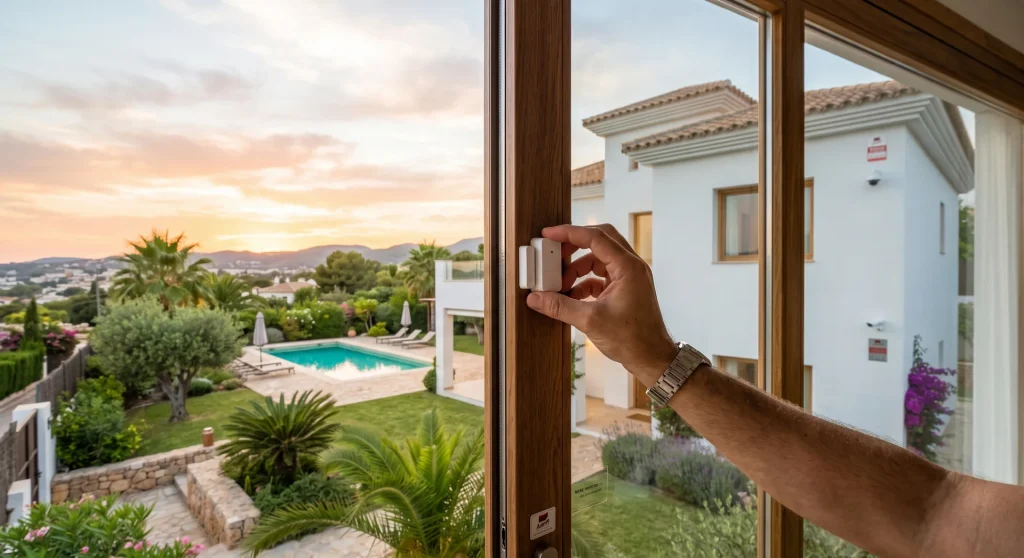 mano instalando sensor magnético de alarma sin cuotas en ventana de chalet con jardín y piscina