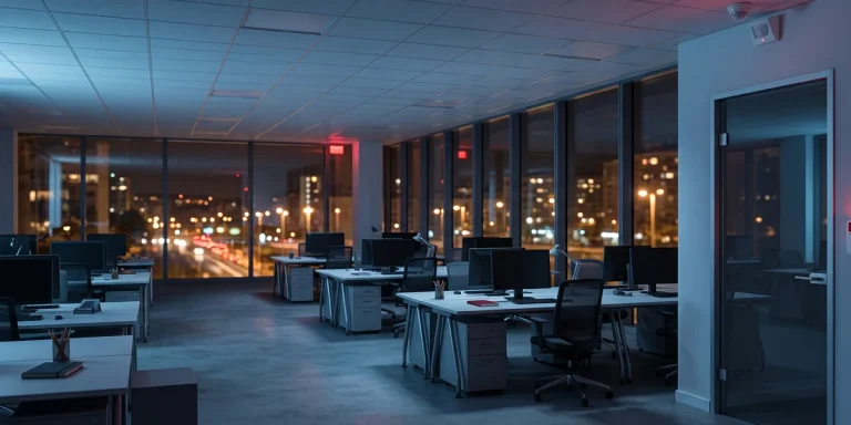 Oficina moderna de noche protegida con alarma sin cuotas junto a la puerta de entrada