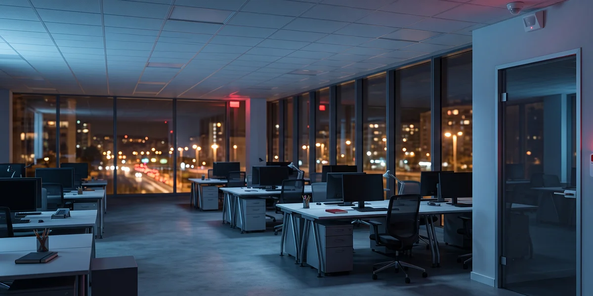 Oficina moderna de noche protegida con alarma sin cuotas junto a la puerta de entrada